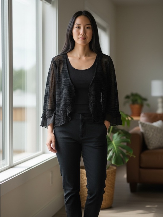 clientele Sweaters - Black Sheer Open-Front Women's Shrug with Ruffle Cuffs L Y2K Fairy Goth Witchy